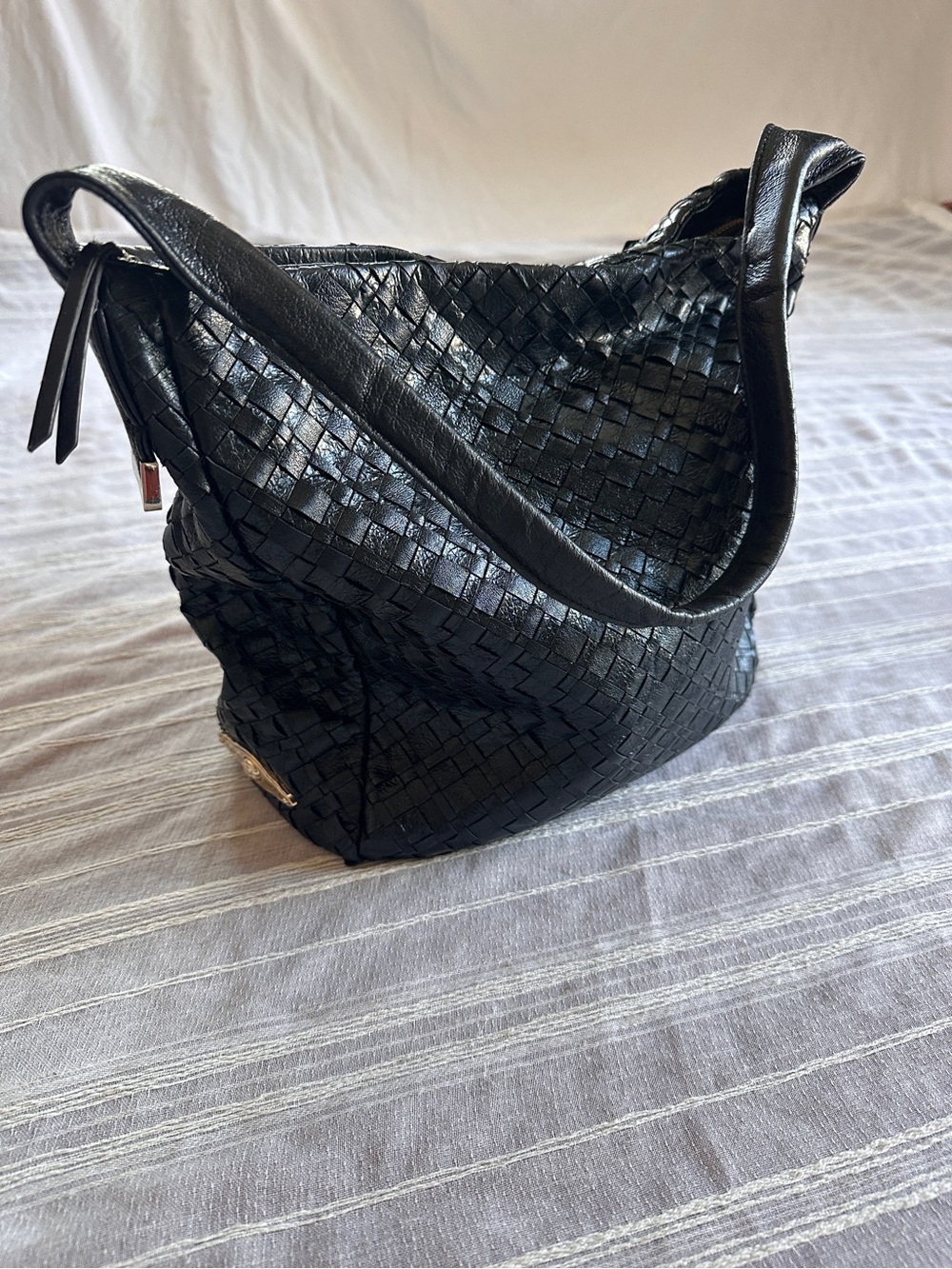 Elliott Lucca Black Woven Glazed Leather Hobo Shoulder Bag | Silver Hardware